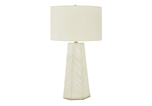 29" White Ceramic Geometric Table Lamp With Ivory Drum Shade