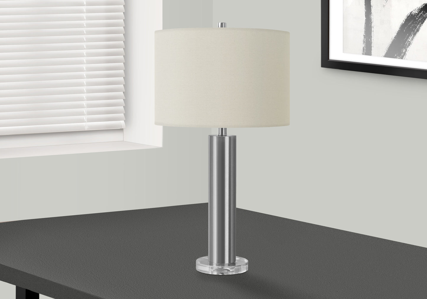 28" Silver Acrylic Cylinder Table Lamp With Ivory Drum Shade