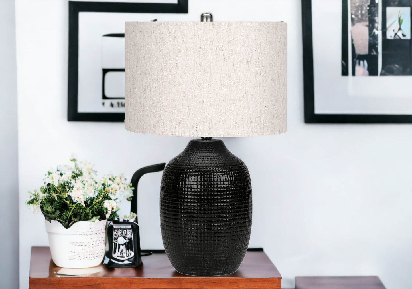 26" Black Ceramic Urn Table Lamp With Ivory Drum Shade