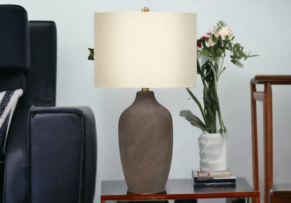 27" Gray Ceramic Urn Table Lamp With Beige Drum Shade