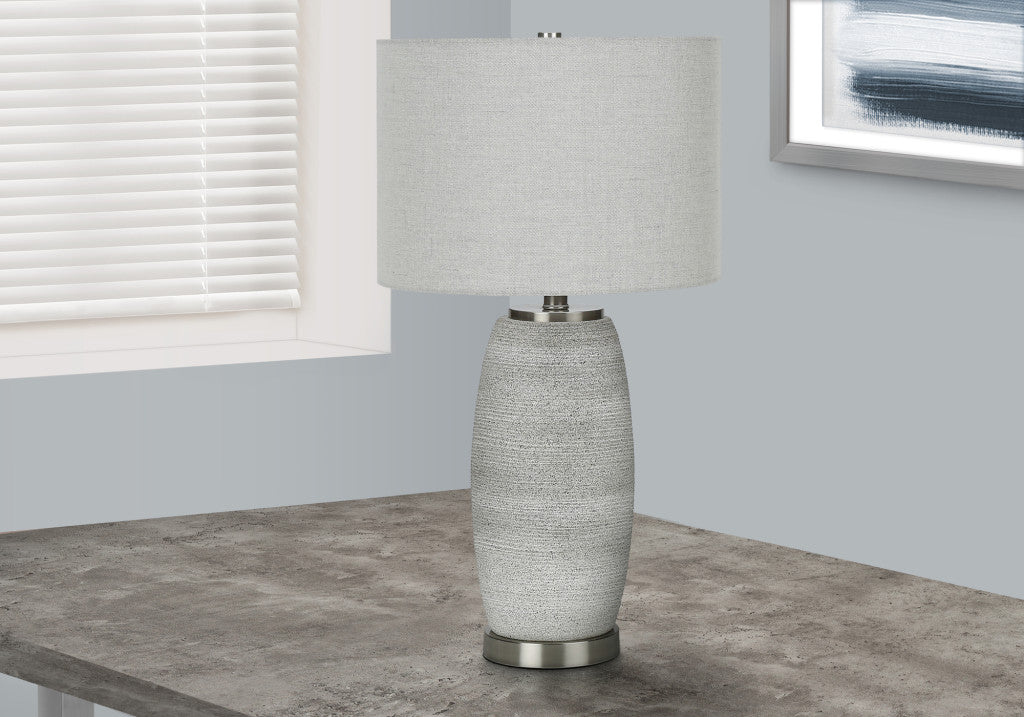 25" Gray and Silver Ceramic Cylinder Table Lamp With Gray Drum Shade