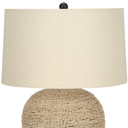 25" Beige Rattan Round Table Lamp With Beige Drum Shade