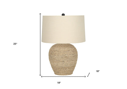 25" Beige Rattan Round Table Lamp With Beige Drum Shade