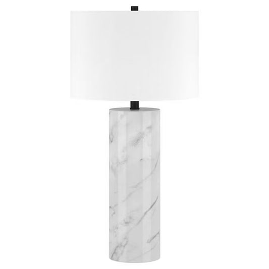 30" White and Gray Marble Table Lamp With White Drum Shade