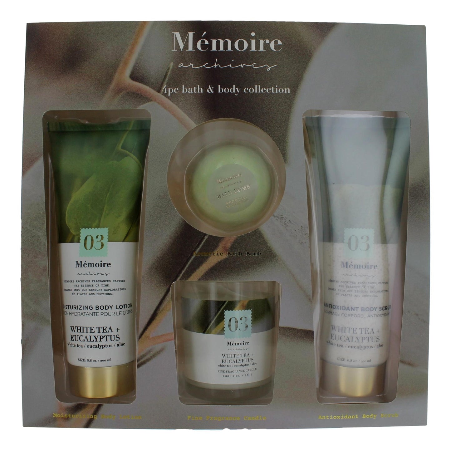 White Tea + Eucalyptus by Memoire Archives, 4 Piece Bath & Body Set for Unisex